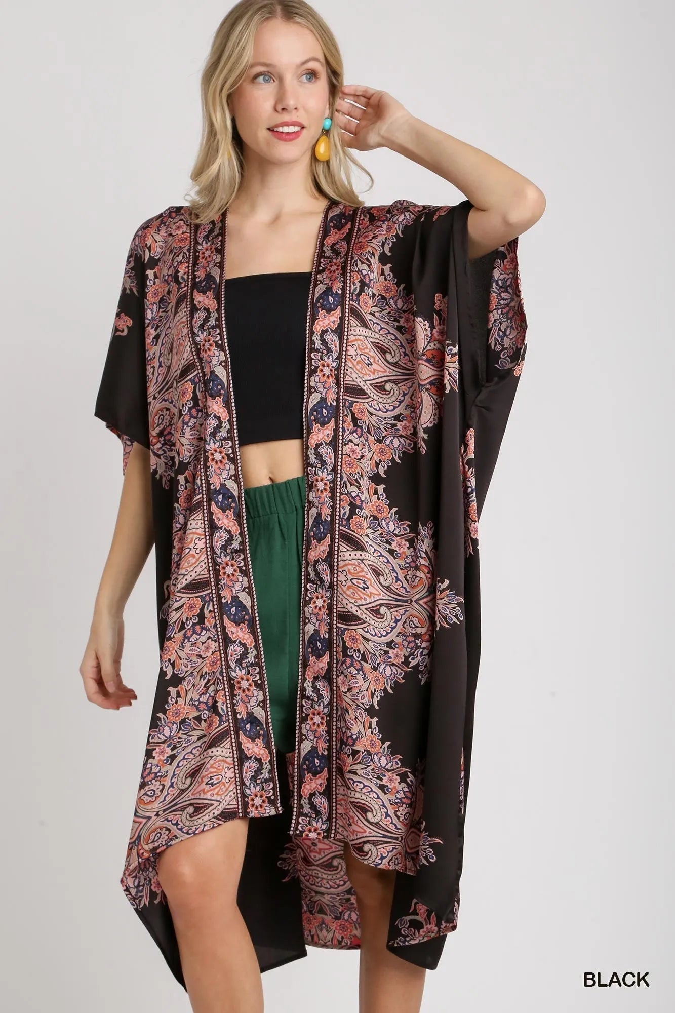 Umgee Satin Border Print Short Sleeve Open Front Kimono Boho Style - NeoKira Unlimited