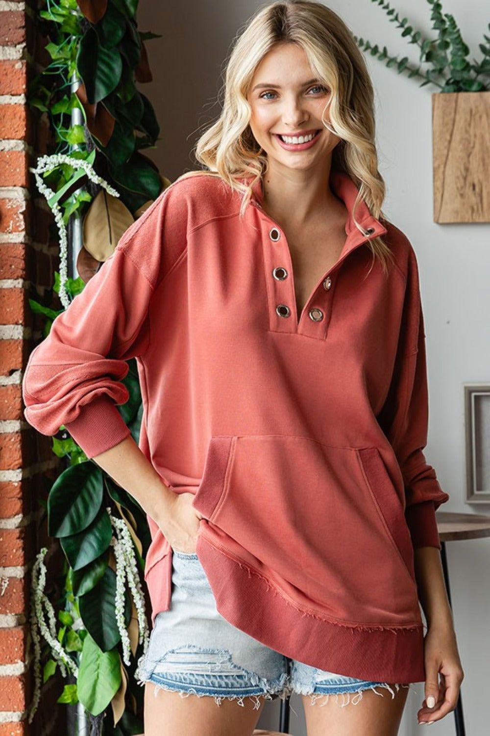 First Love Grommet Split Neck Kangaroo Pocket Sweatshirt - NeoKira Unlimited