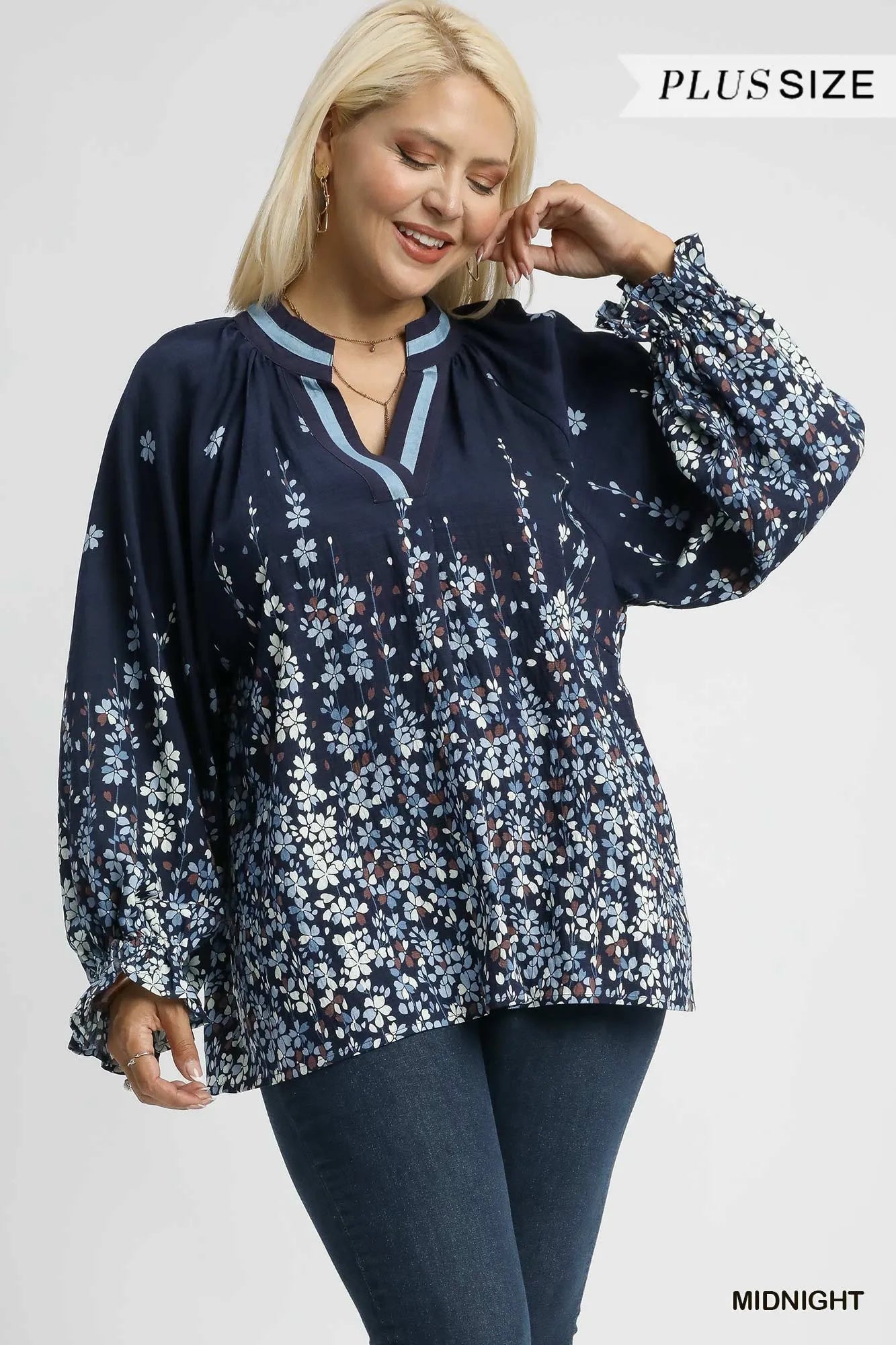 Umgee Floral Vine Print Blouse with Balloon Sleeves – Plus Size Boho Chic - NeoKira Unlimited