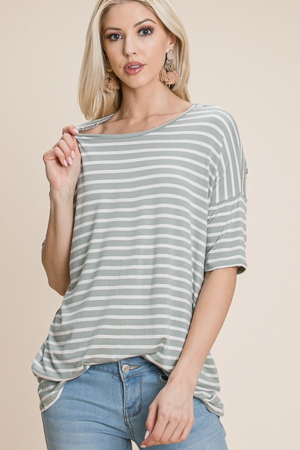 BOMBOM Striped Round Neck T-Shirt T-Shirt Trendsi   