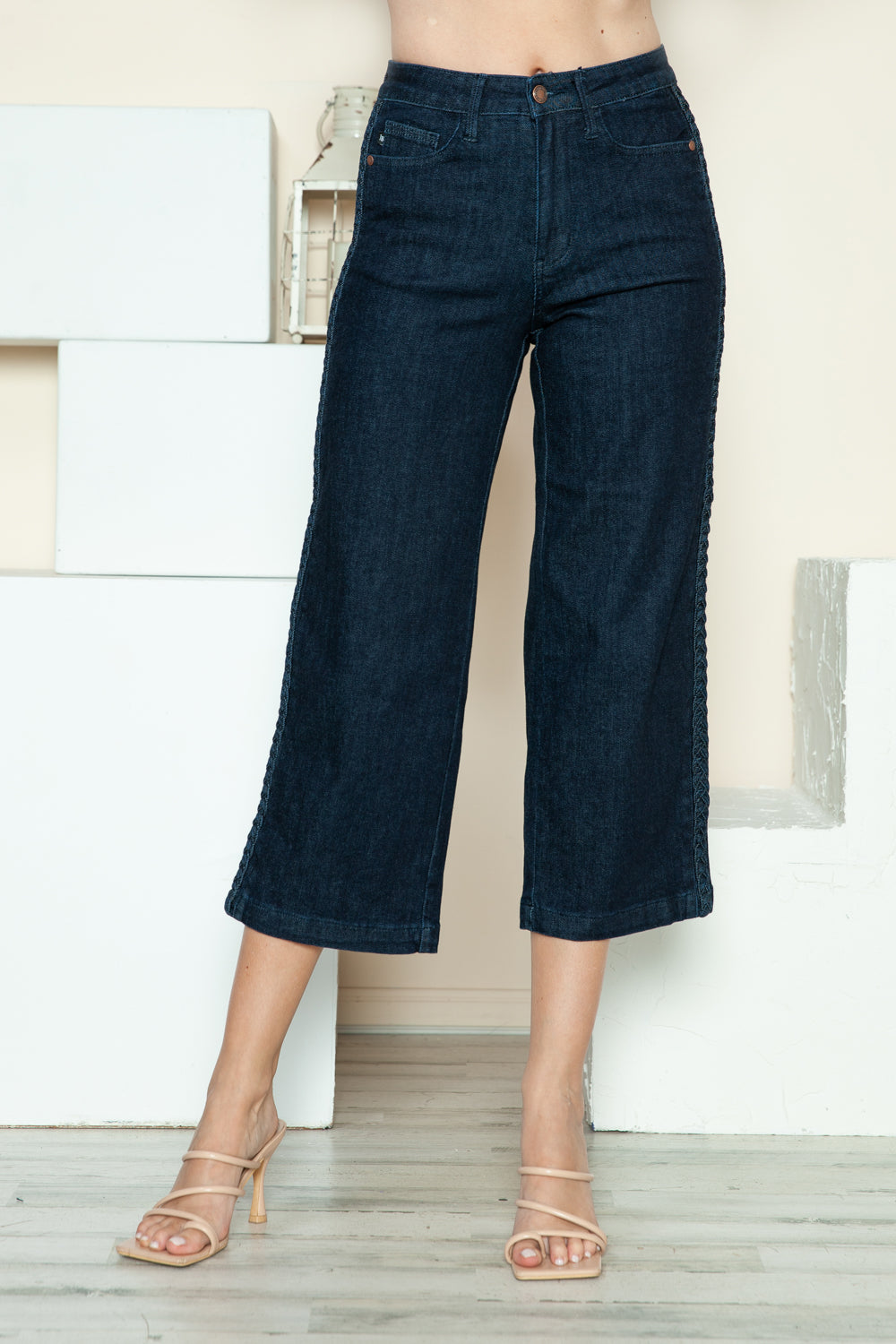 Judy Blue Full Size Side Seam Braid Detail Crop Wide Leg Jeans - NeoKira Unlimited
