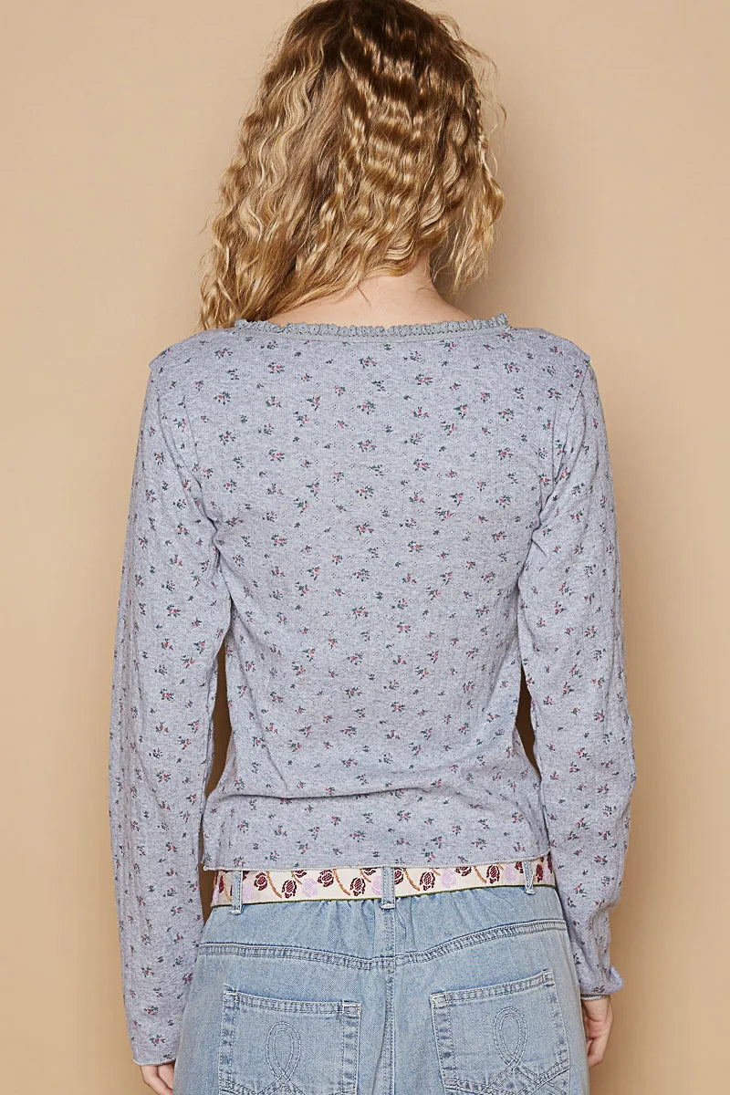 POL Casual Romantic Floral V-Neck Ruched Long Sleeve T-Shirt - NeoKira Unlimited