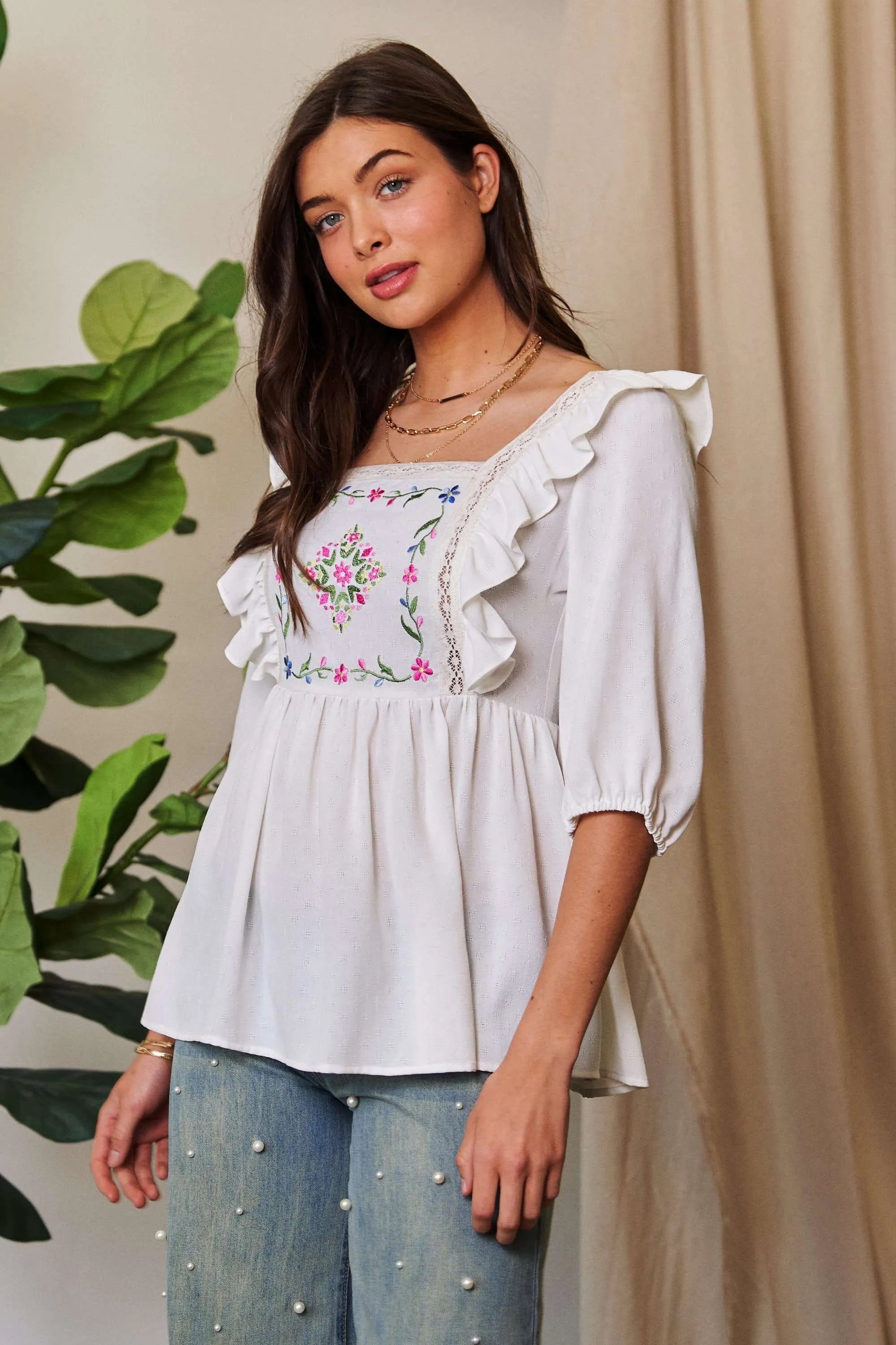 Davi & Dani Texture Tie Back Floral Embroidery Frill Romantic Blouse - NeoKira Unlimited