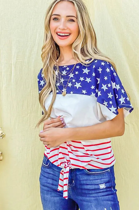 And The Why American Flag Print Tie Knot Front Casual Top - NeoKira Unlimited