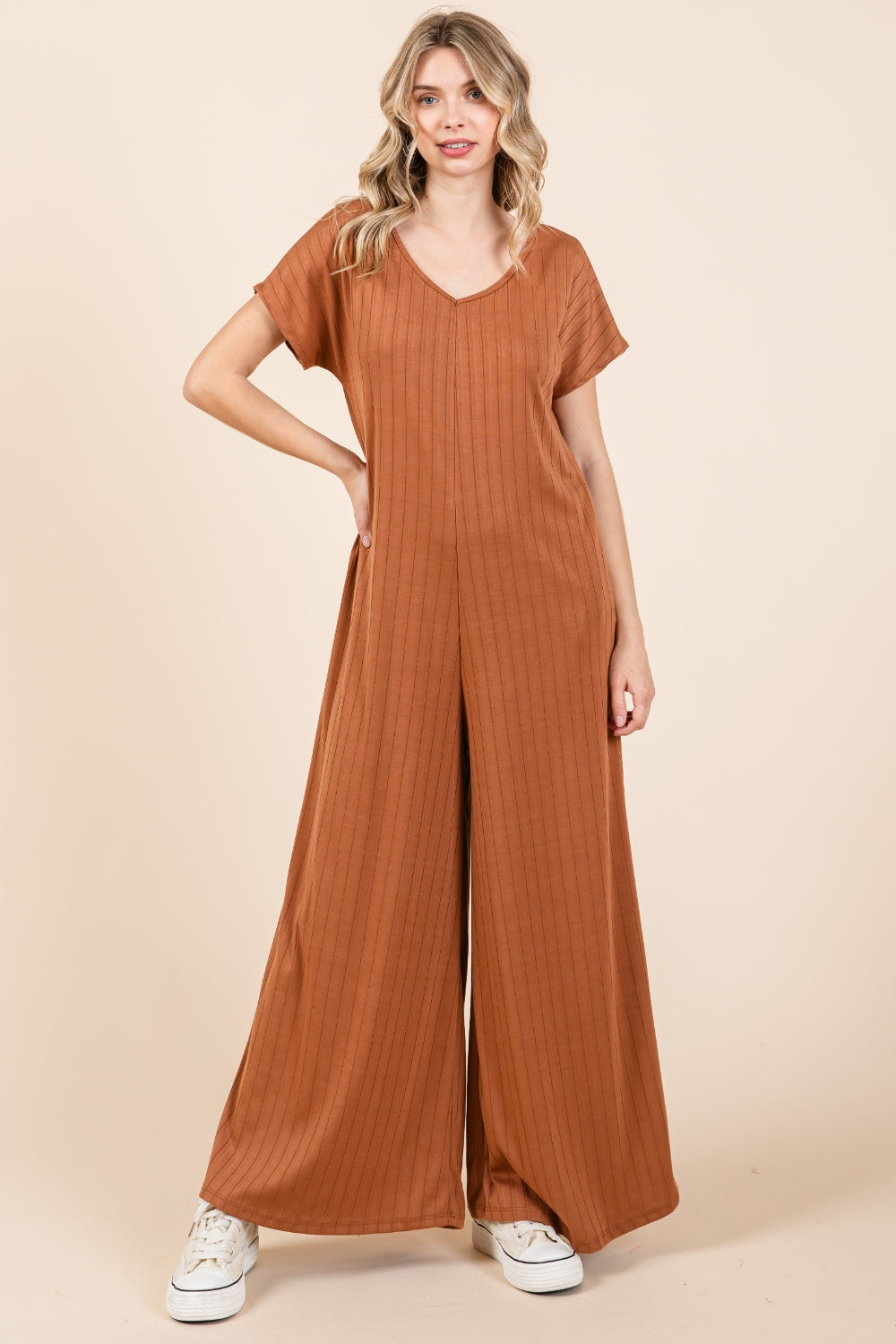 BOMBOM Ribbed Short Sleeve Wide Leg Jumpsuit Jumpsuits Trendsi   