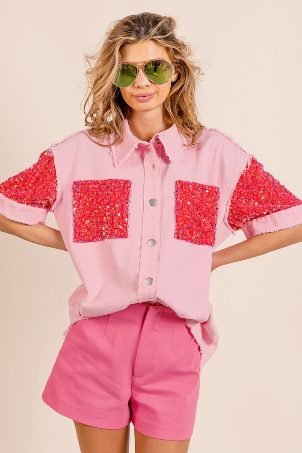 BiBi Sequin Detail Raw Hem Short Sleeve Shirt Shirt Trendsi   