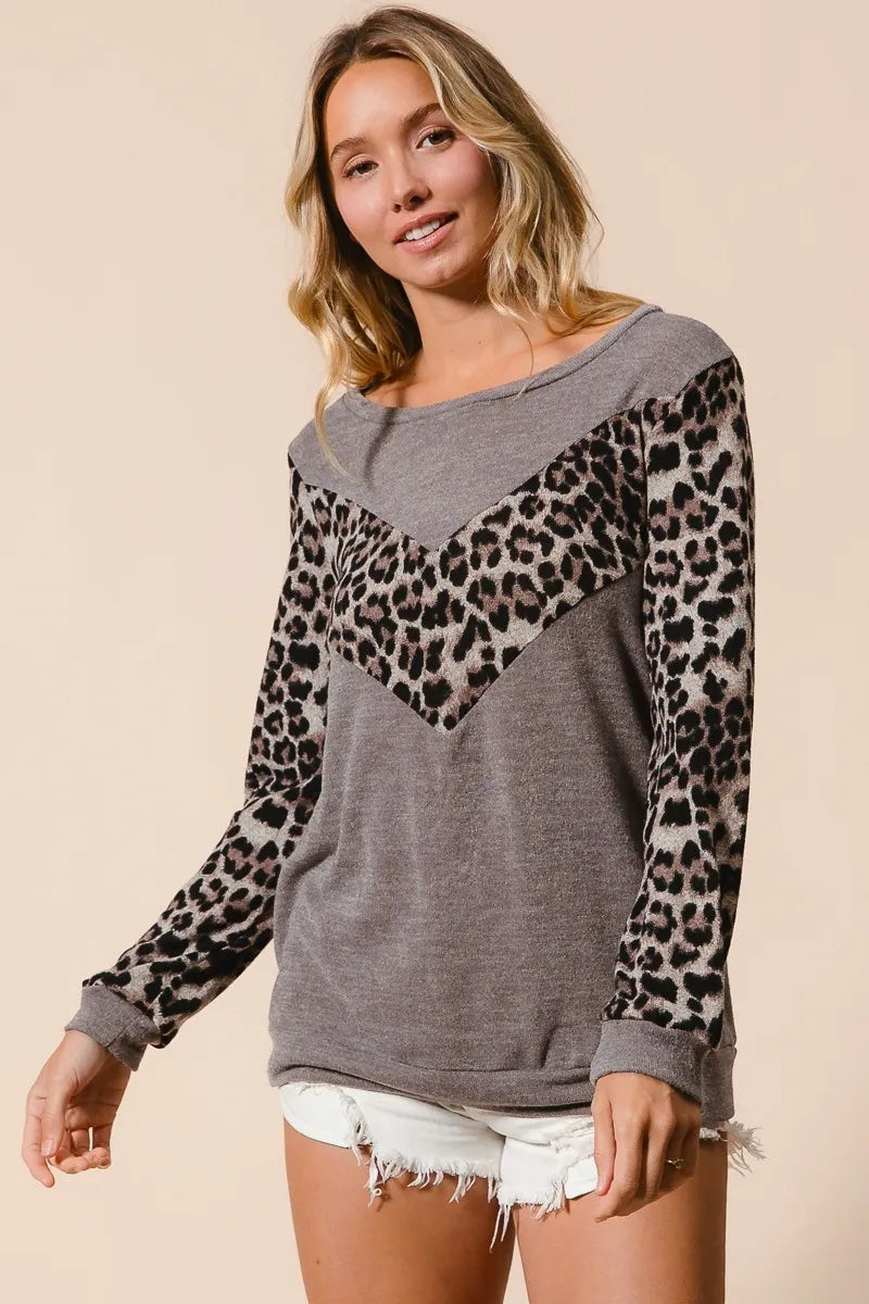 BiBi Sweater Knit Top With Leopard V Shape Block - NeoKira Unlimited