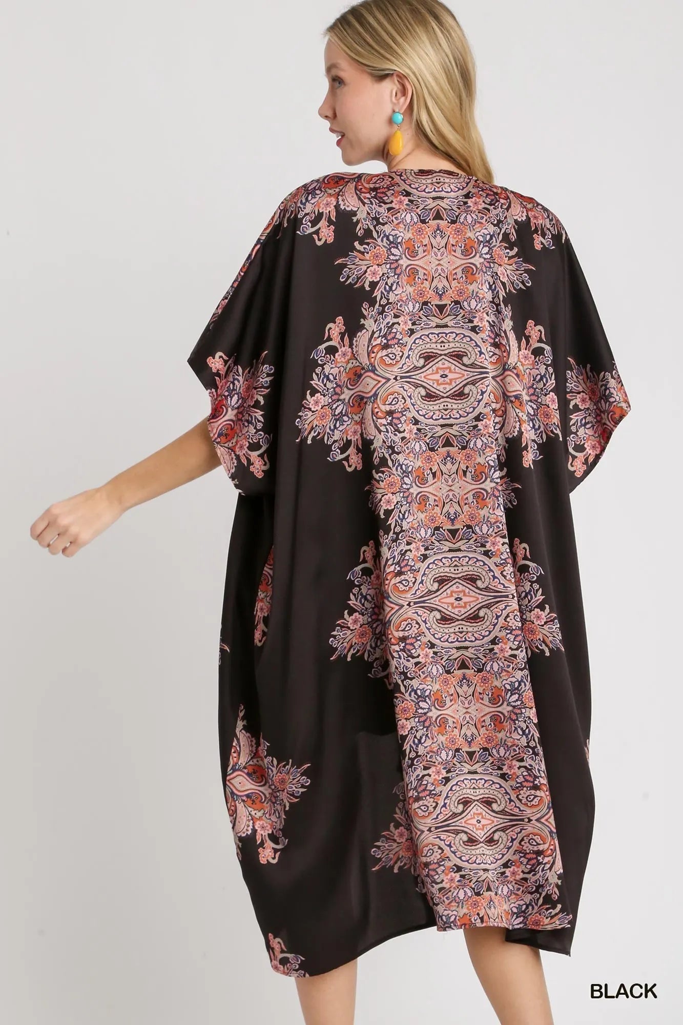 Umgee Satin Border Print Short Sleeve Open Front Kimono Boho Style - NeoKira Unlimited