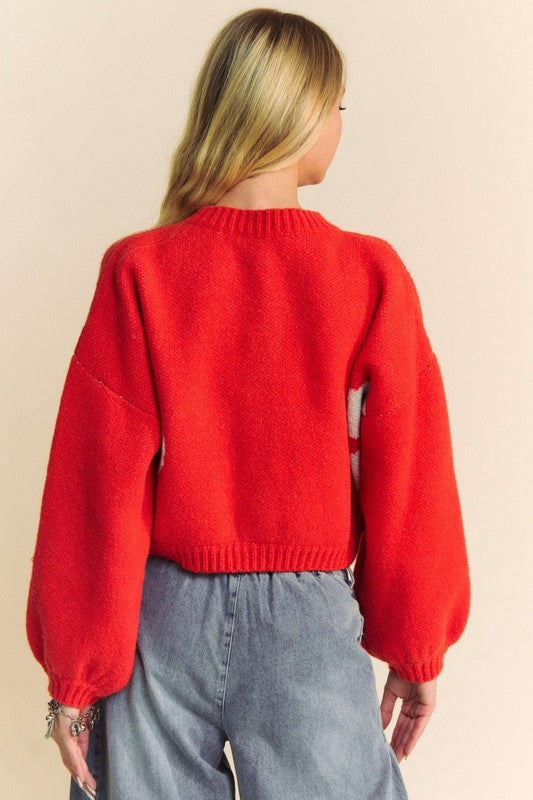 Davi & Dani Flower Contrast Round Neck Long Sleeve Cardigan - NeoKira Unlimited