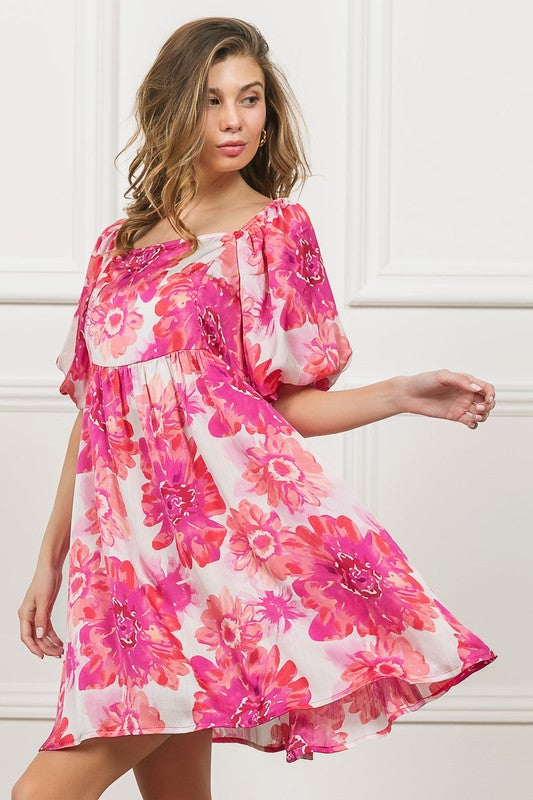 BiBi Floral Square Neck Puff Sleeve Mini Dress - NeoKira Unlimited