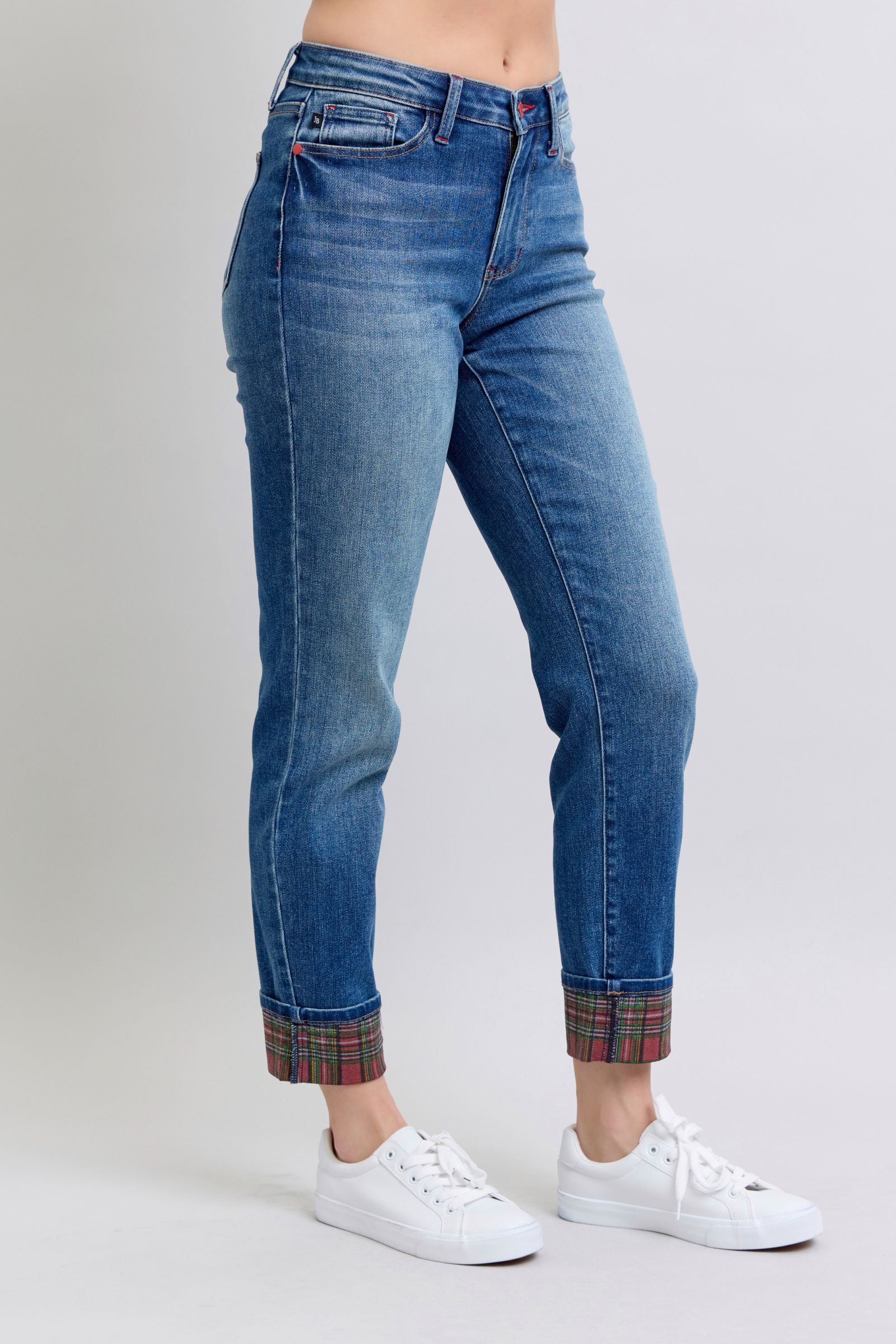 Judy Blue Full Size Plaid Print Cuff Straight Leg Jeans with Pockets - NeoKira Unlimited