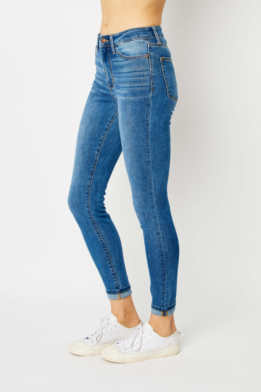 Judy Blue Full Size Cuffed Hem Low Waist Skinny Jeans Jeans Trendsi   