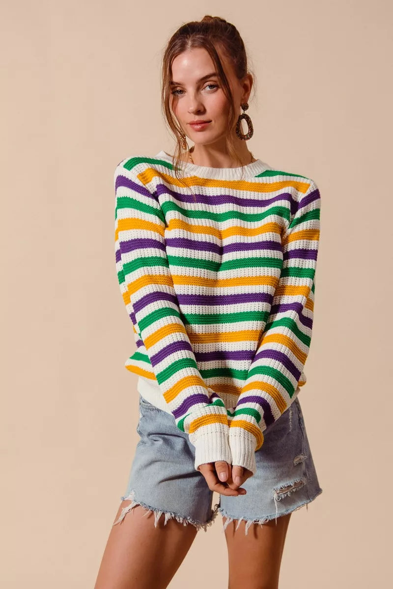 SO ME Mardi Gras Color Stripe Knit Sweater Top - NeoKira Unlimited
