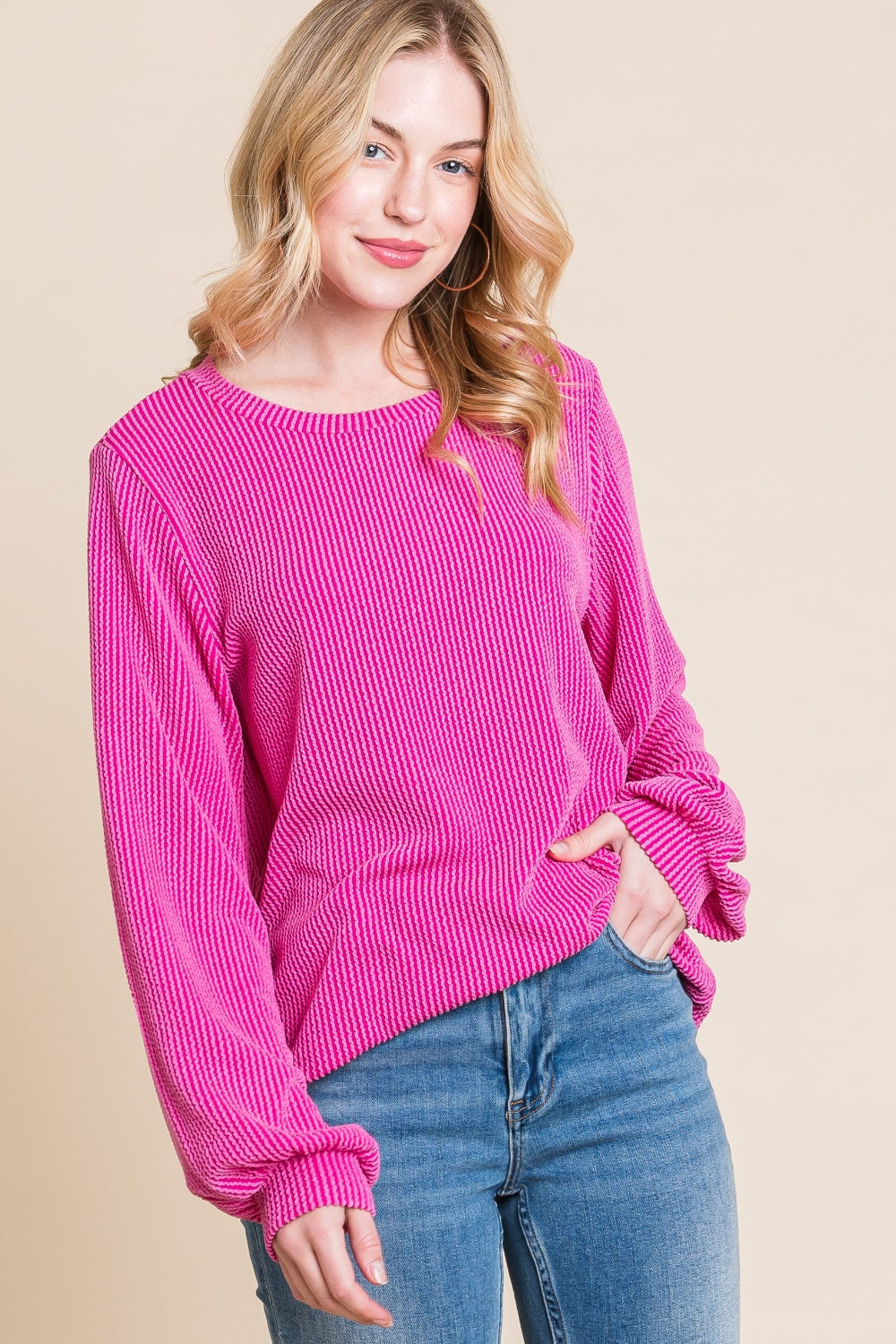 BOMBOM Long Sleeve Curved Hem Ribbed T-Shirt - NeoKira Unlimited