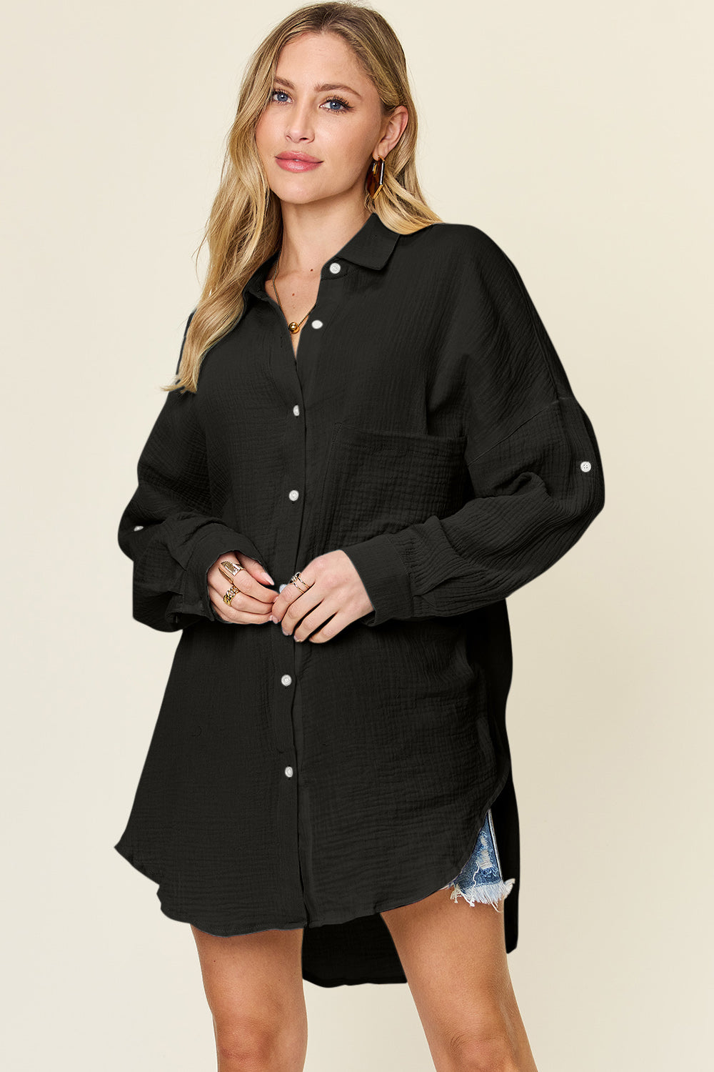 Double Take Full Size Pocketed Texture Button Up Shirt - NeoKira Unlimited