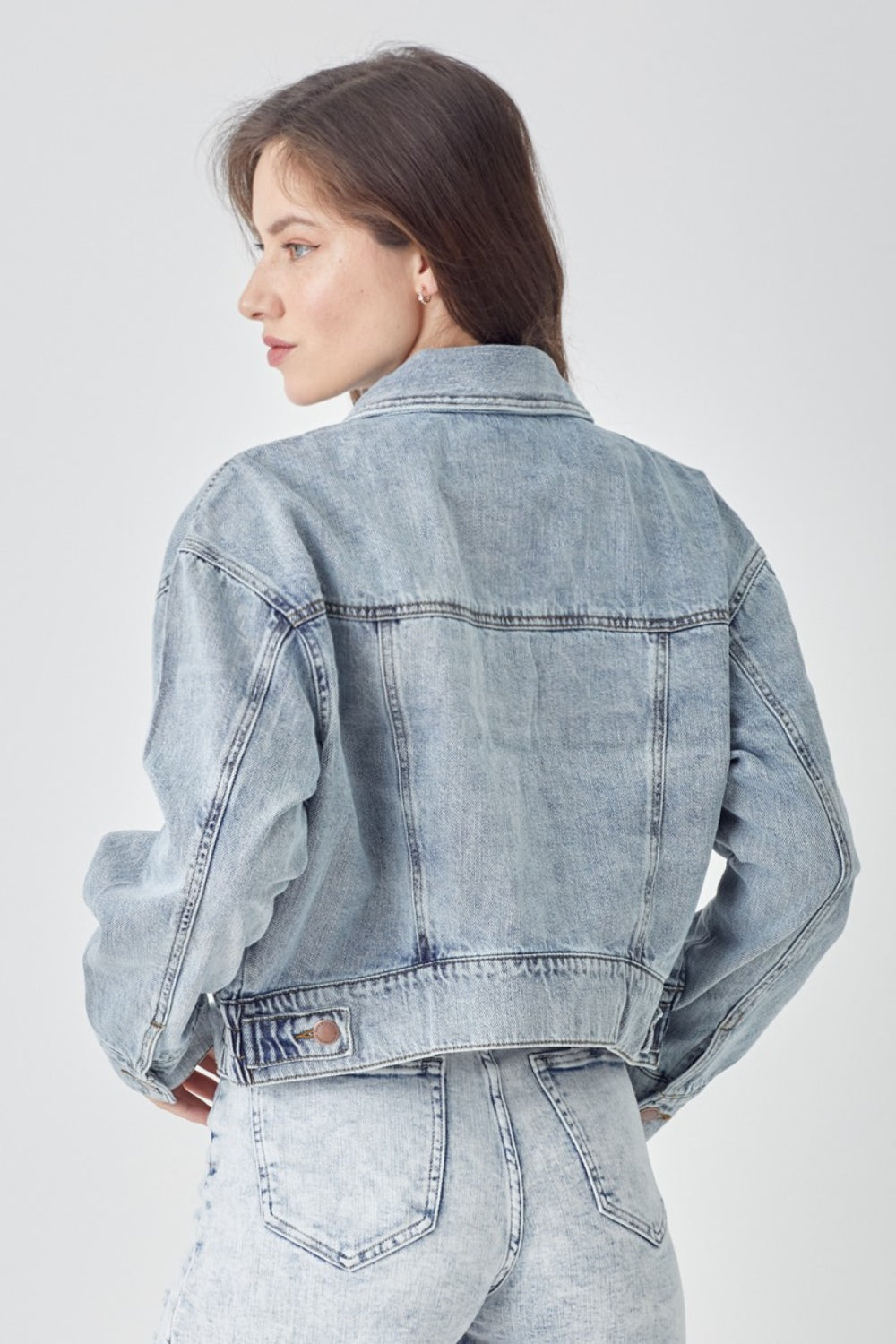 RISEN Full Size Button Down Cropped Denim Jacket Jacket Trendsi   