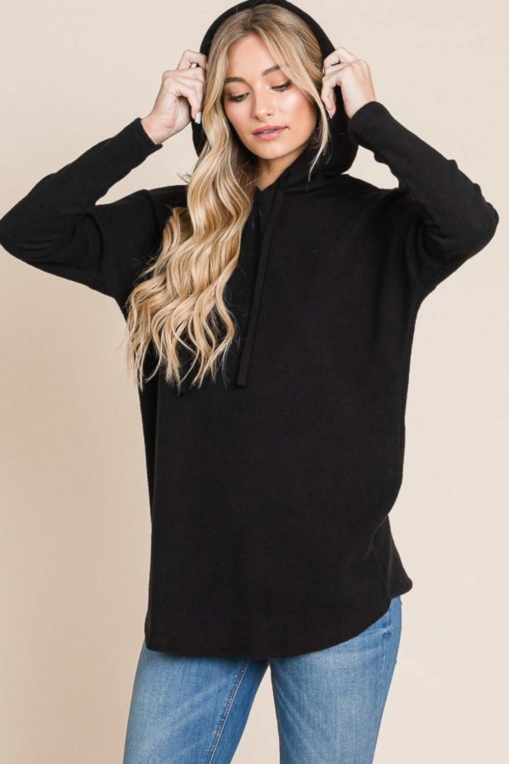 BOMBOM Contrast Drawstring Drop Shoulder Knit Hoodie - NeoKira Unlimited