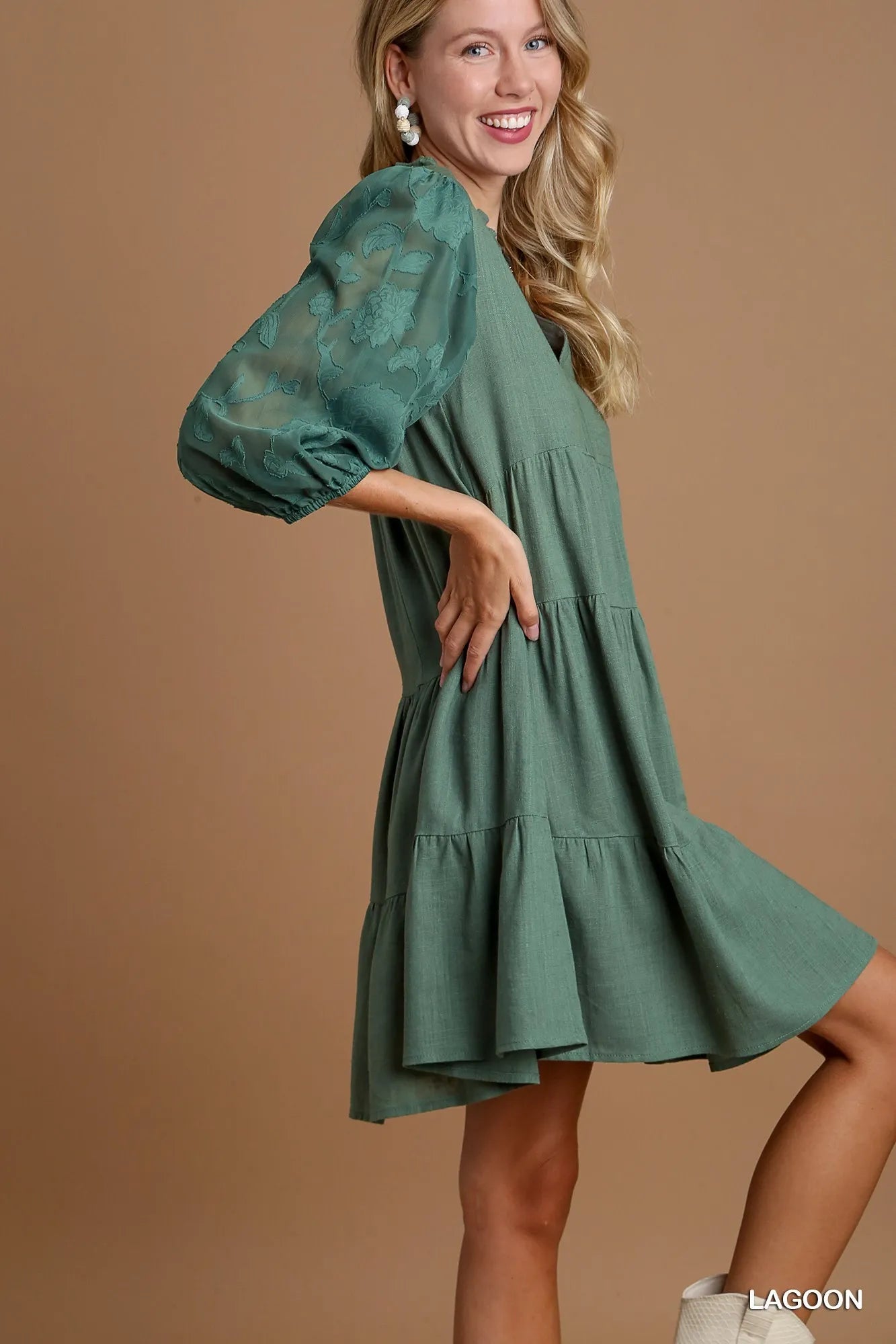 Umgee Floral Contrast Sleeve Tiered Dress – Boho Chic Statement - NeoKira Unlimited