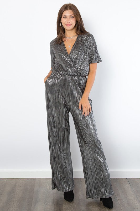 Be Stage Surplice Short Sleeve Pleated Foil Jumpsuit - NeoKira Unlimited