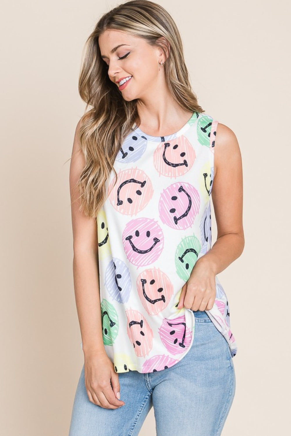 BOMBOM Smiley Face Round Neck Tank Tank Top Trendsi   