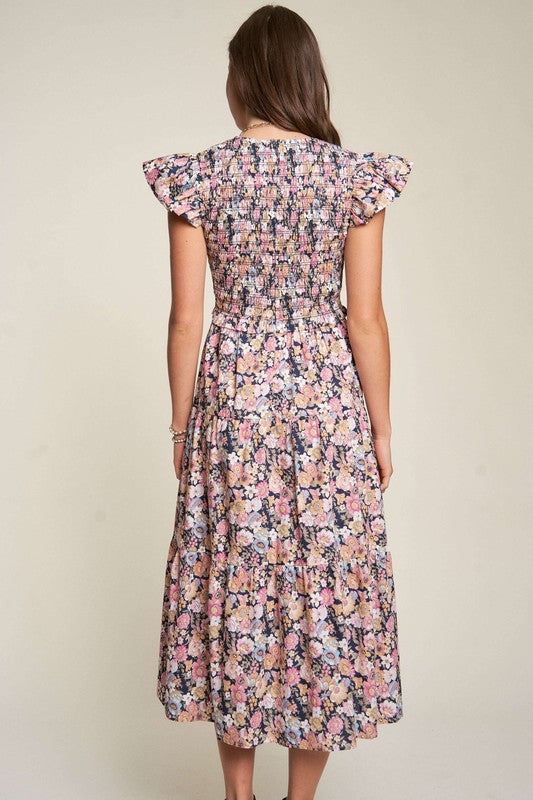 Vintage Garden Floral Flutter Smocking Midi Dress  Davi & Dani   