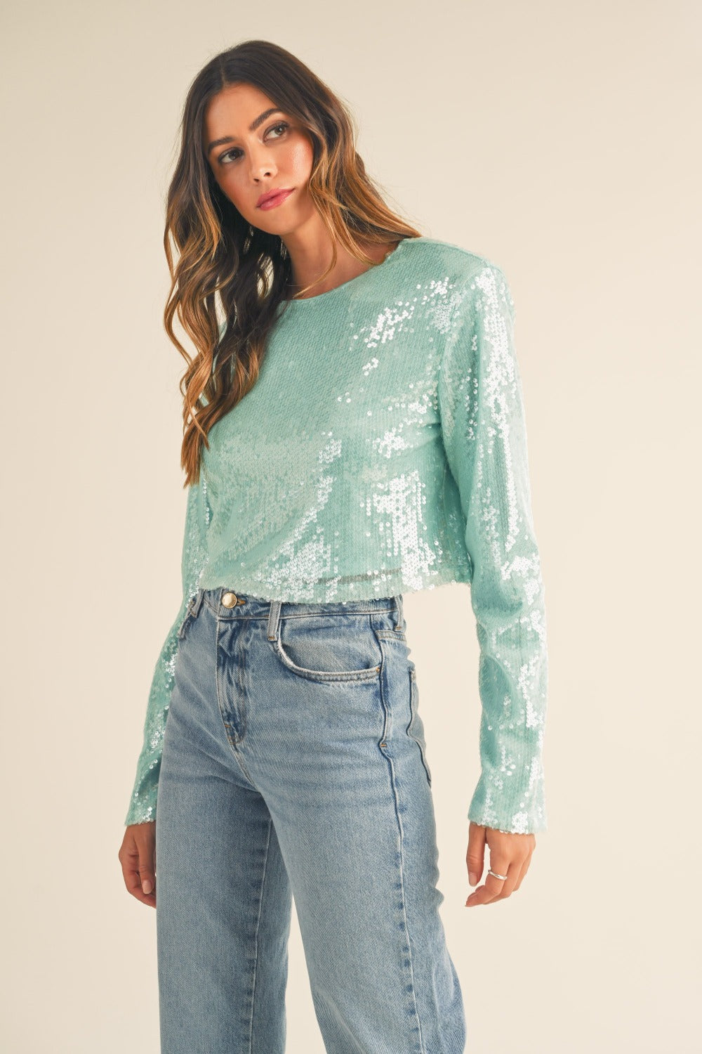 MABLE Shoulder Padded Sequin Crop Top - NeoKira Unlimited