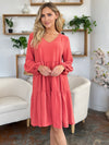 Double Take Full Size V-Neck Balloon Sleeve Tiered Dress Mini Dress Trendsi   