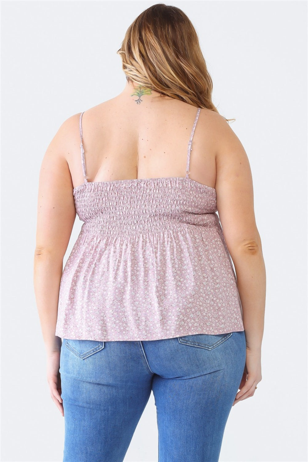 Zenobia Plus Size Frill Smocked Floral Sweetheart Neck Cami Top Trendsi   