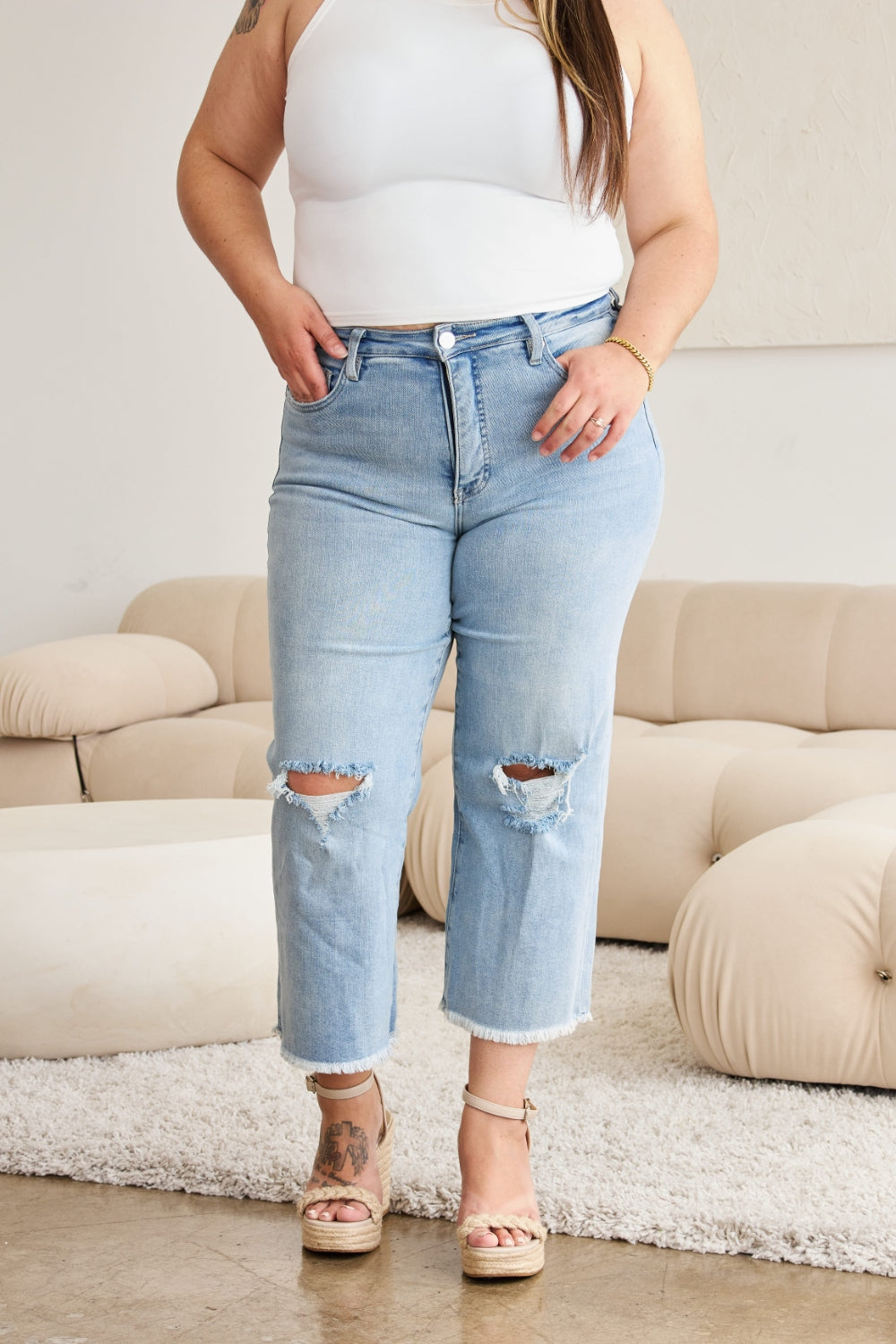 RFM Full Size Tummy Control High Waist Raw Hem Distressed Jeans - NeoKira Unlimited