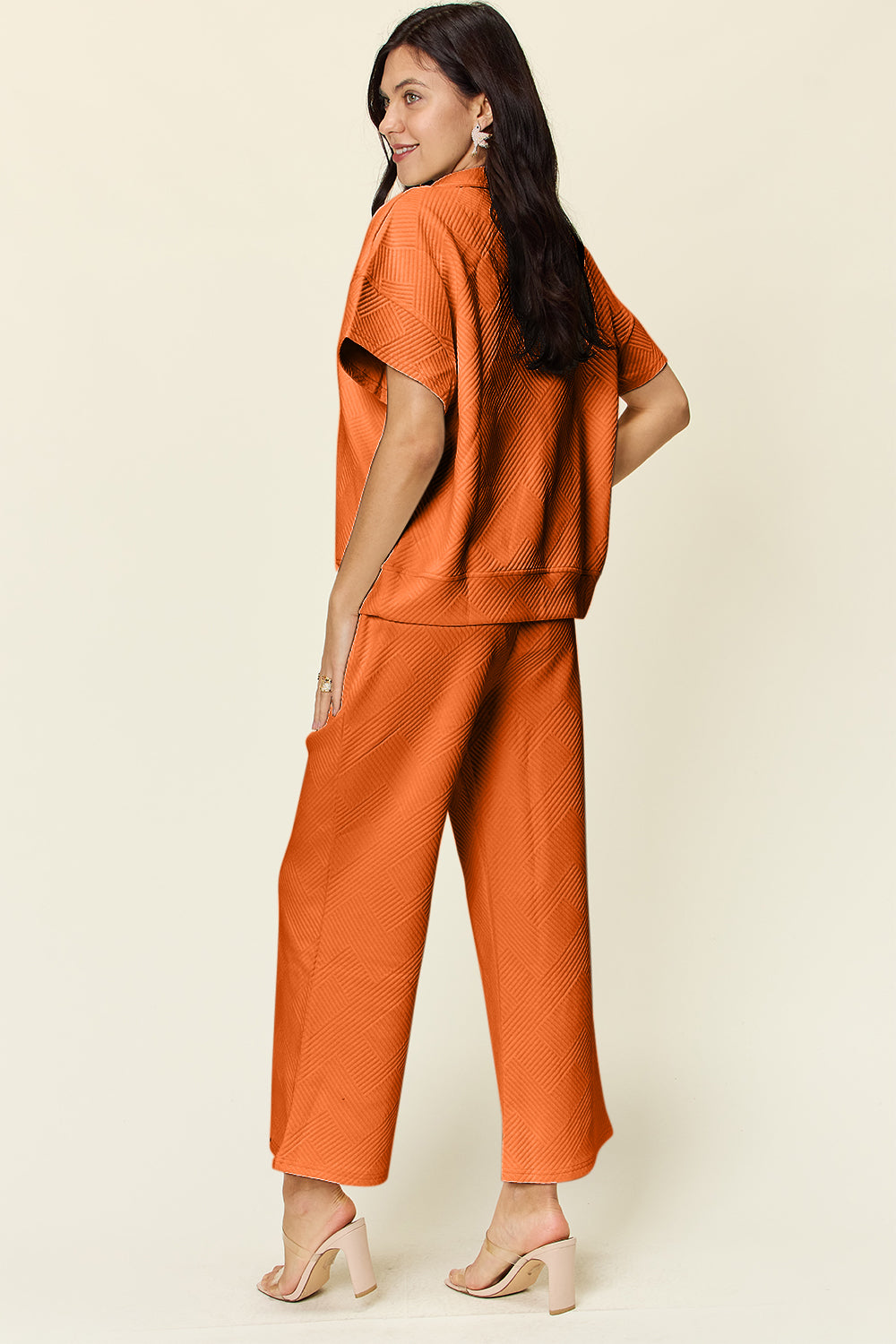 Double Take Full Size Texture Half Zip Short Sleeve Top and Pants Set - NeoKira Unlimited