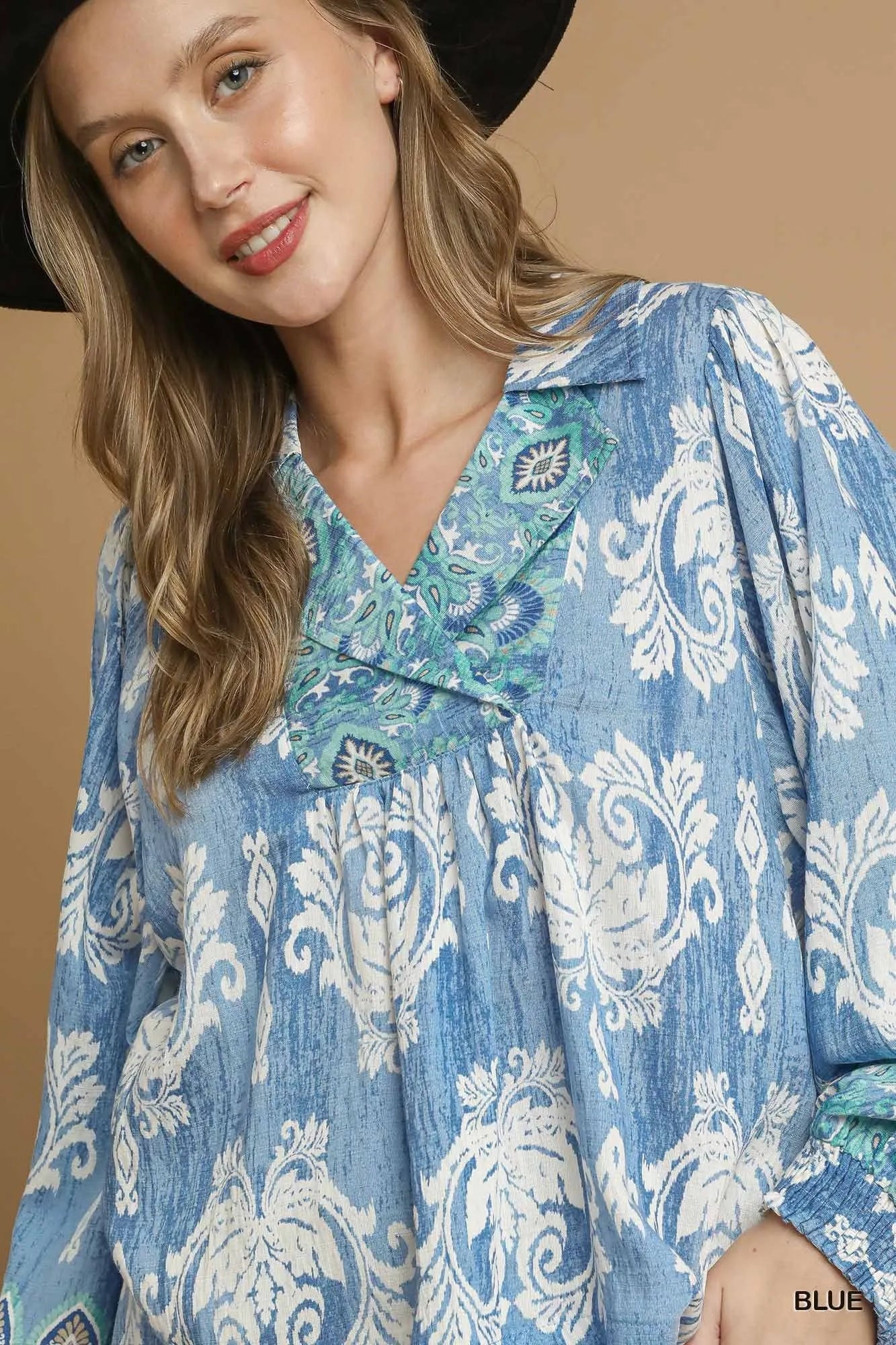 Umgee Printed Long Sleeve Boho Blouse Paisley Floral Tassel Detail - NeoKira Unlimited