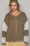 POL V-Neck Lace Balloon Sleeve Exposed Seam Top Top Trendsi   