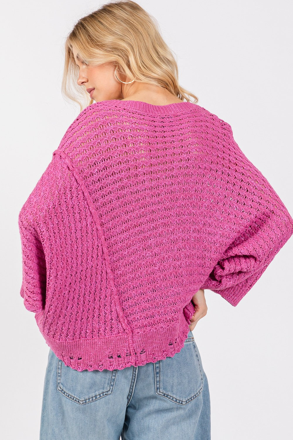 SAGE + FIG Distressed Asymmetrical Open Stitch Sweater - NeoKira Unlimited