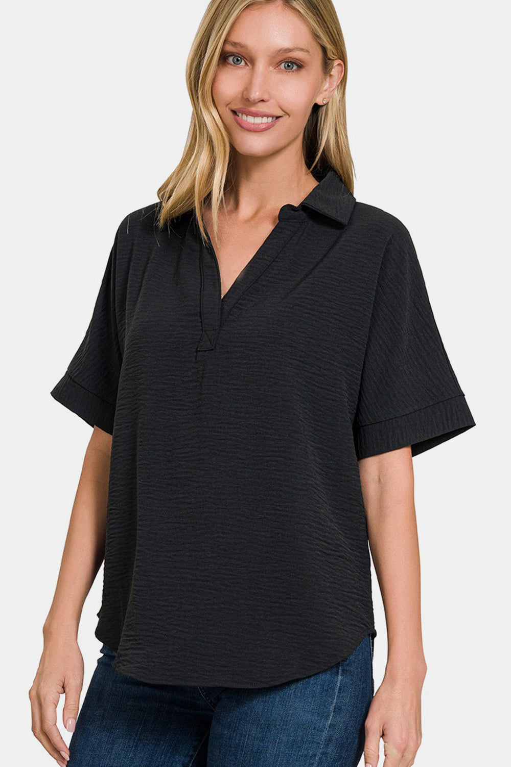 Zenana Full Size Texture Collared Neck Short Sleeve Top Top Trendsi Black S 