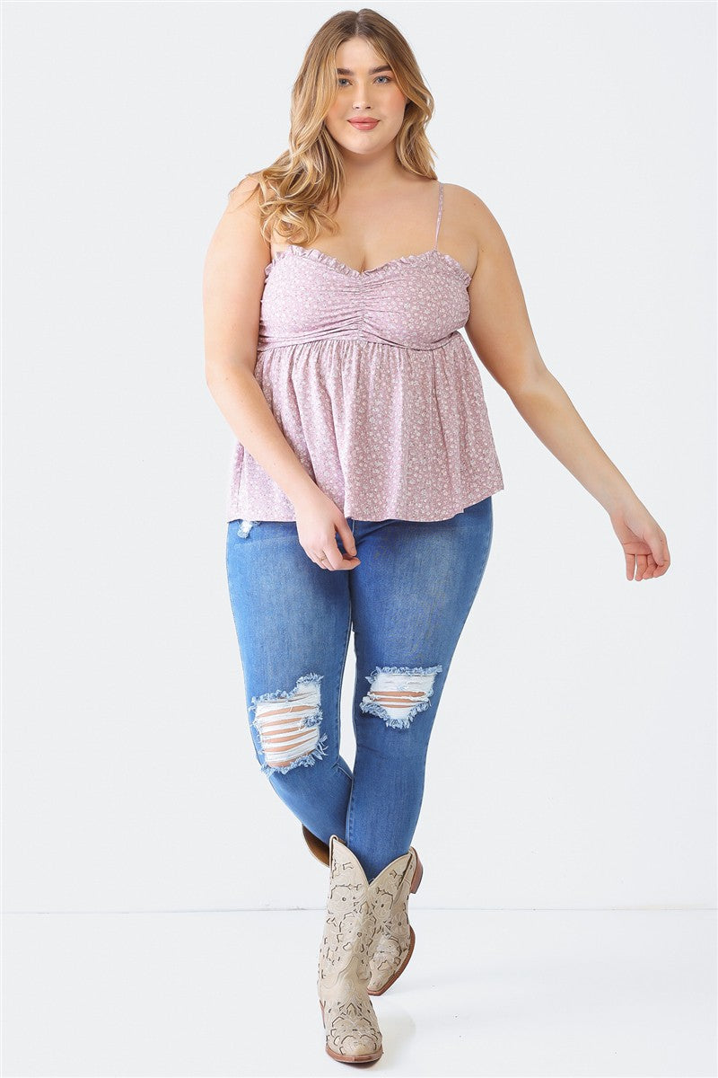 Zenobia Plus Size Frill Smocked Floral Sweetheart Neck Cami Top Trendsi   