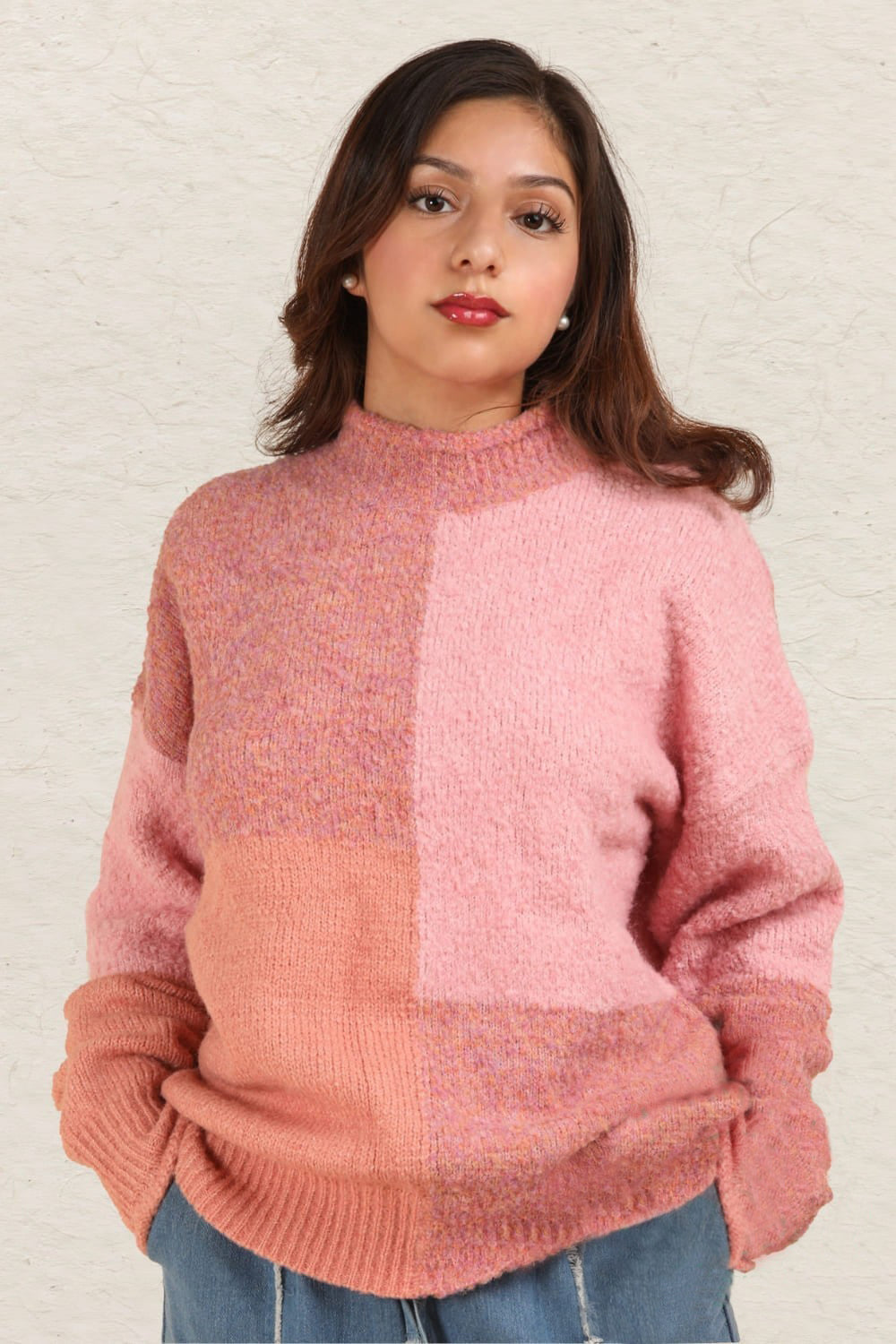 VERY J Color Block Mock Neck Drop Shoulder Sweater - NeoKira Unlimited