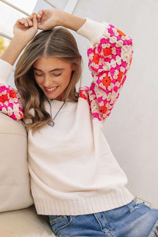 Davi & Dani Crochet Detailed Cozy Long Sleeve Knit Sweater Top - NeoKira Unlimited