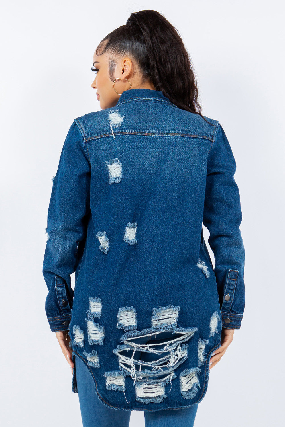 American Bazi Distressed Button Up Long Sleeve Denim Jacket - NeoKira Unlimited