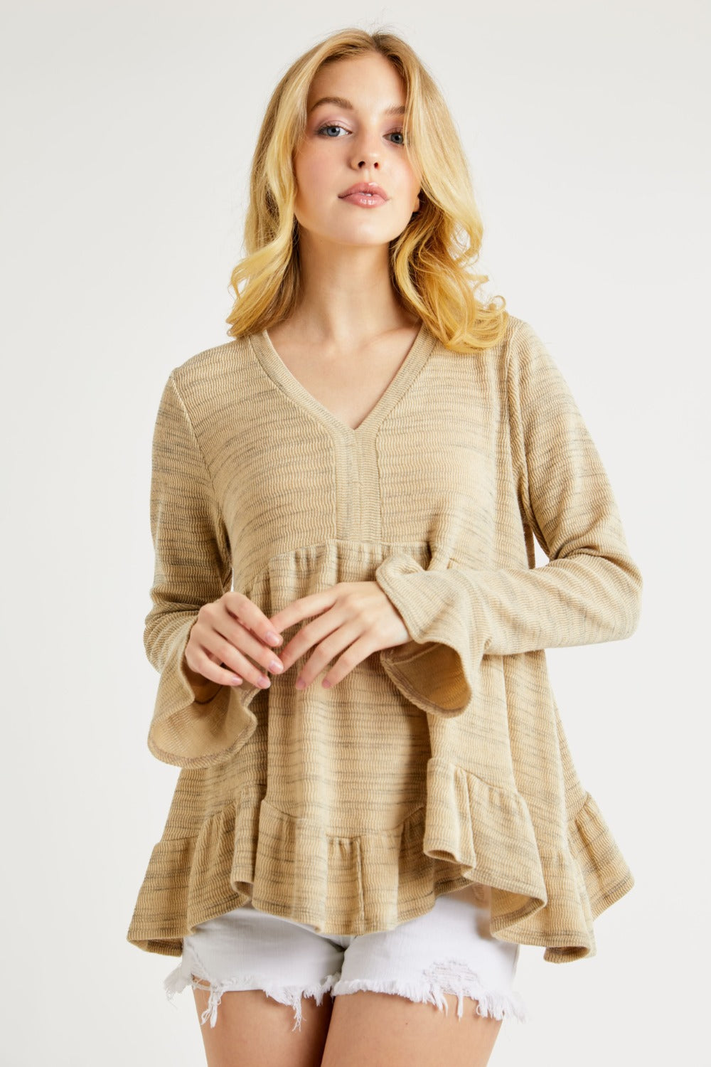 Hailey & Co V-Neck Flounce Sleeve Knit Top - NeoKira Unlimited