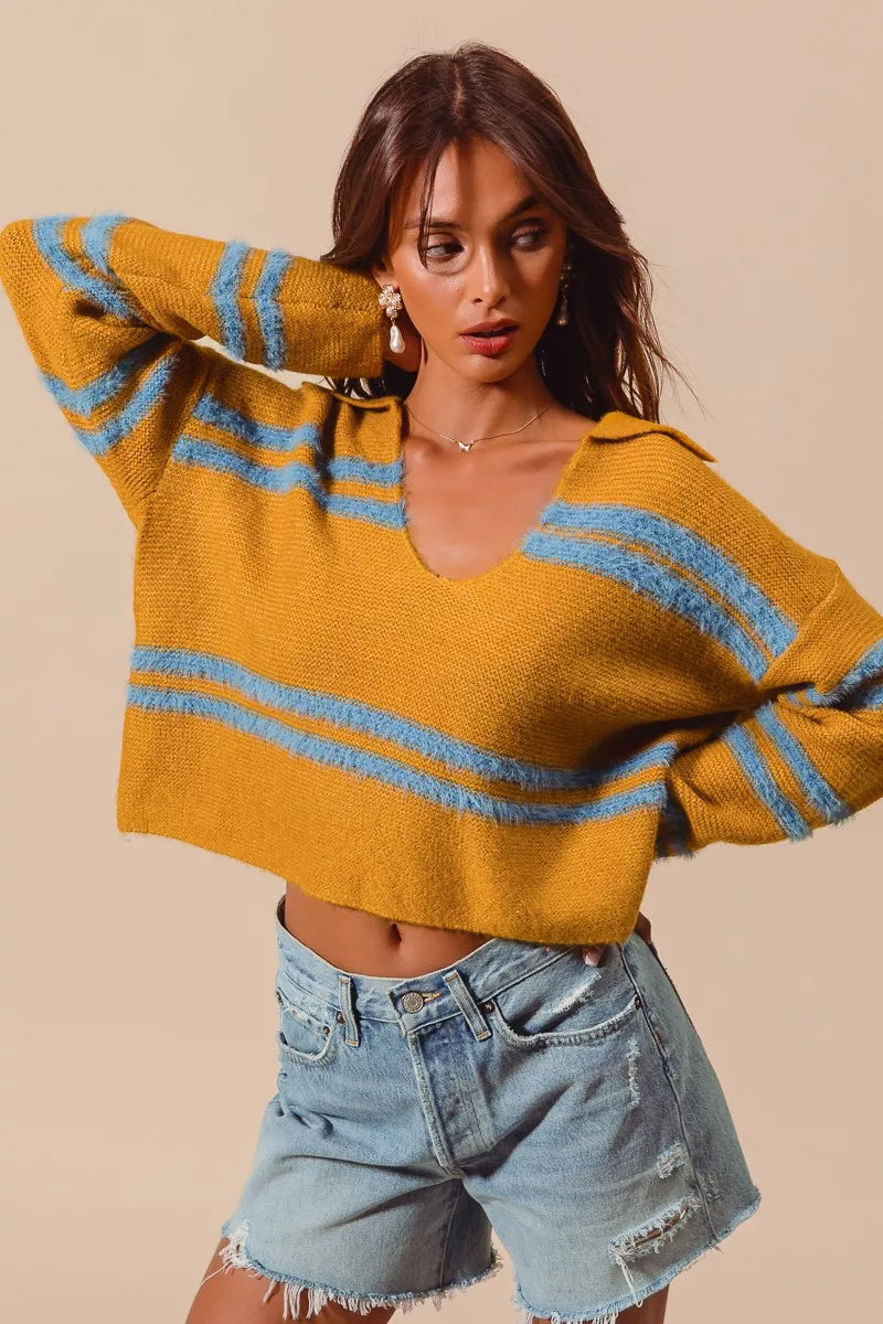 SO ME Fuzzy Hairy Stripe Deep U Neck Oversized Sweater - NeoKira Unlimited