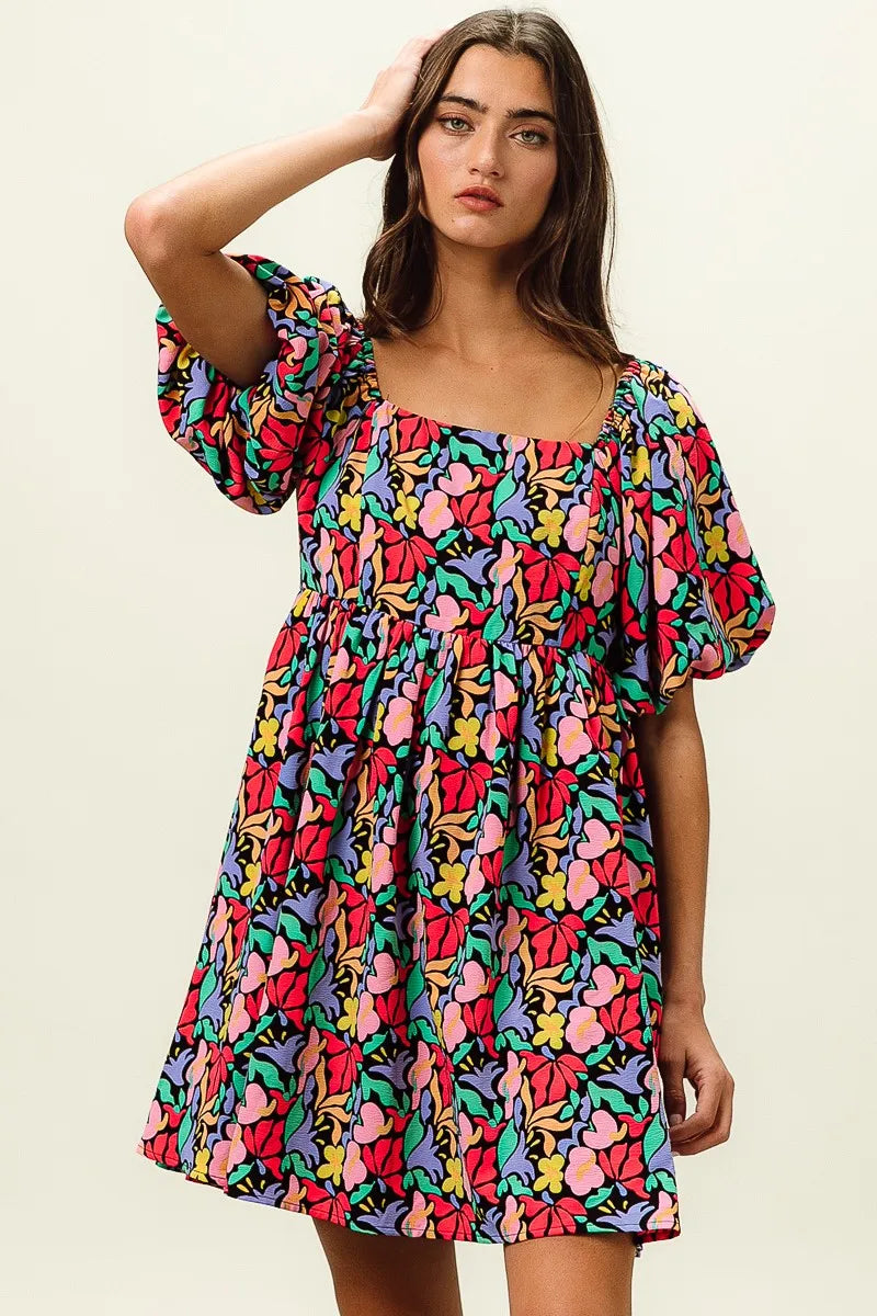 BiBi Tropical Boho Floral Print Puff Sleeve Square Neck Dress - NeoKira Unlimited