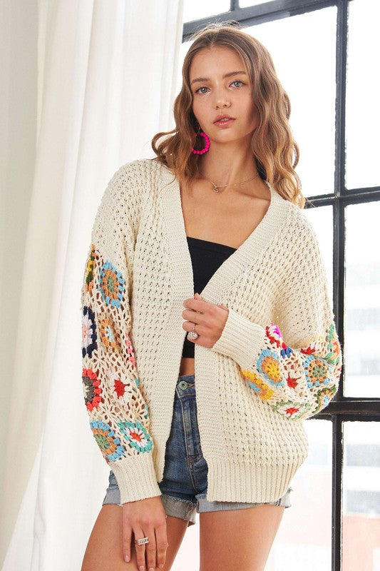 ADORA Full Size Contrast Crochet Open Front Long Sleeve Cardigan - NeoKira Unlimited