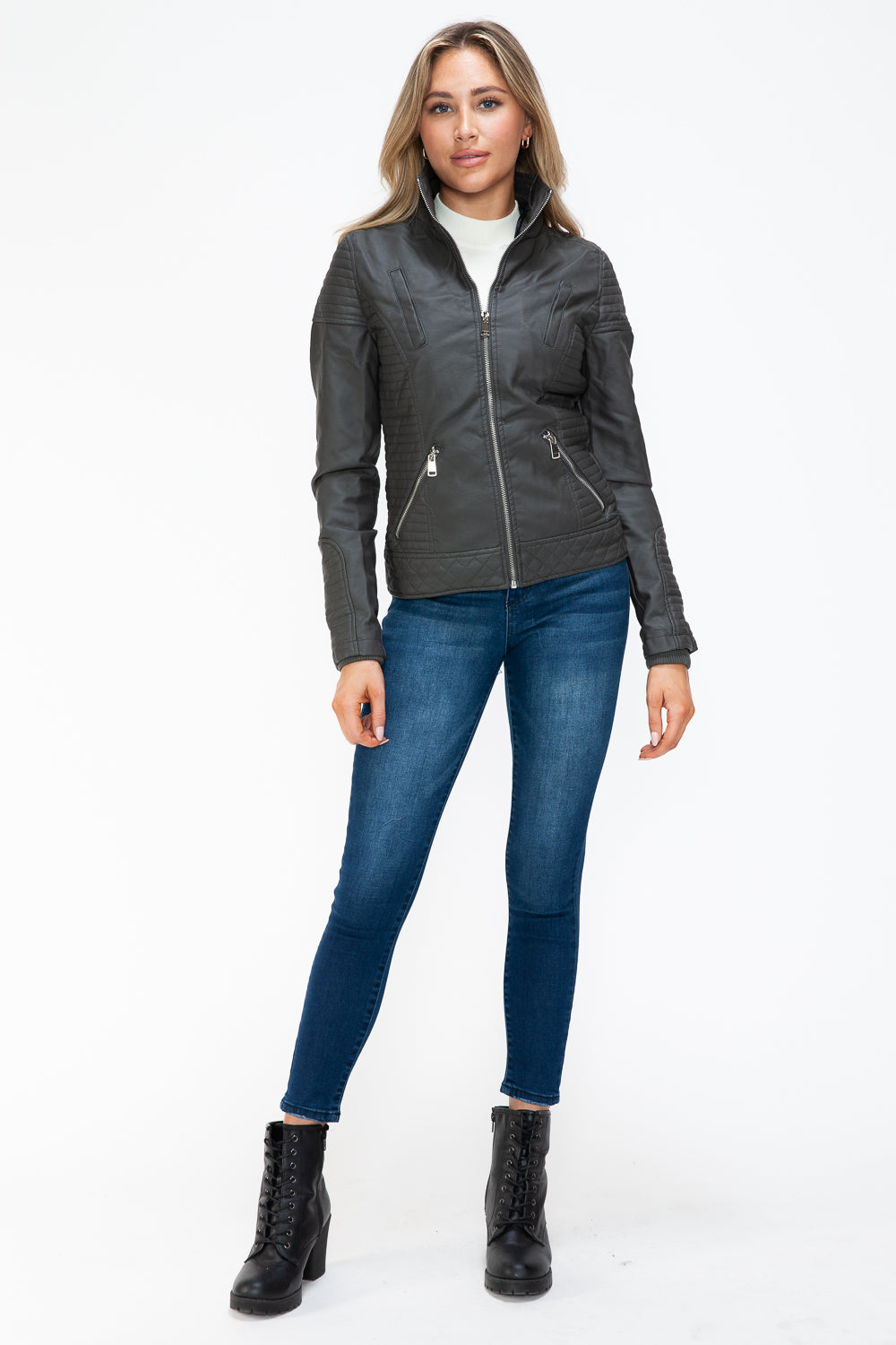 YMI Faux Layered Double-Zipper Jacket with Fuzzy Hood - NeoKira Unlimited