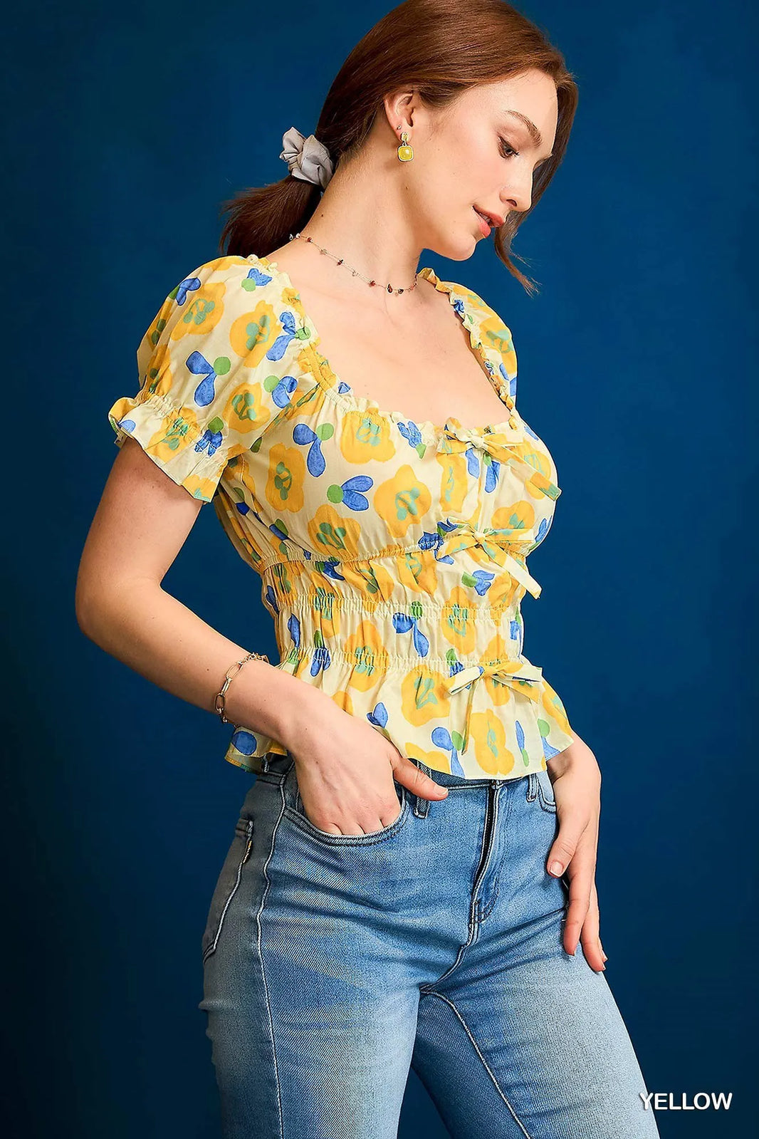 Umgee Yellow Floral Smocked Peplum Blouse With Short Sleeves - NeoKira Unlimited