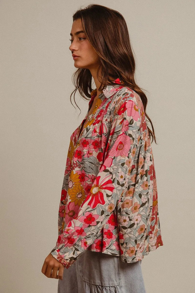 BiBi Tropical Floral Button-Up Blouse Vibrant Long Sleeve Relaxed Fit Top - NeoKira Unlimited
