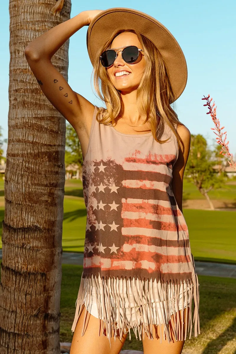 BiBi Distressed Flag Fringe Tank Top – Boho Americana Vibes - NeoKira Unlimited