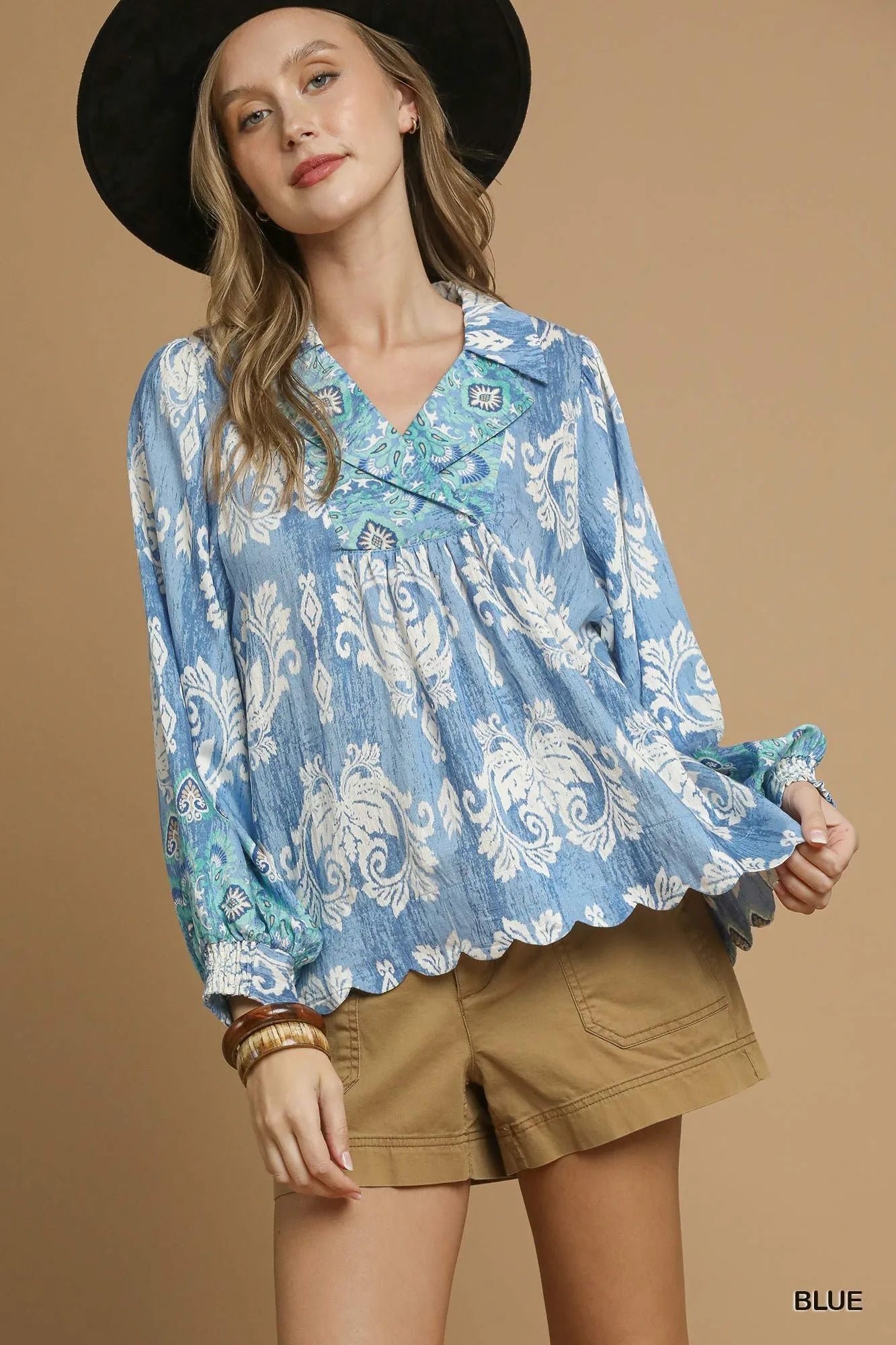 Umgee Printed Long Sleeve Boho Blouse Paisley Floral Tassel Detail - NeoKira Unlimited