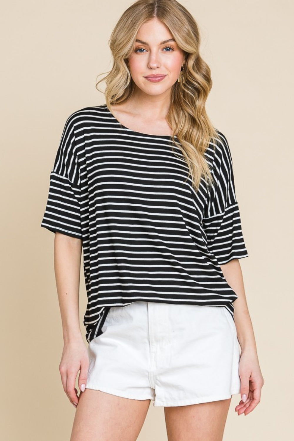 BOMBOM Striped Round Neck T-Shirt T-Shirt Trendsi   