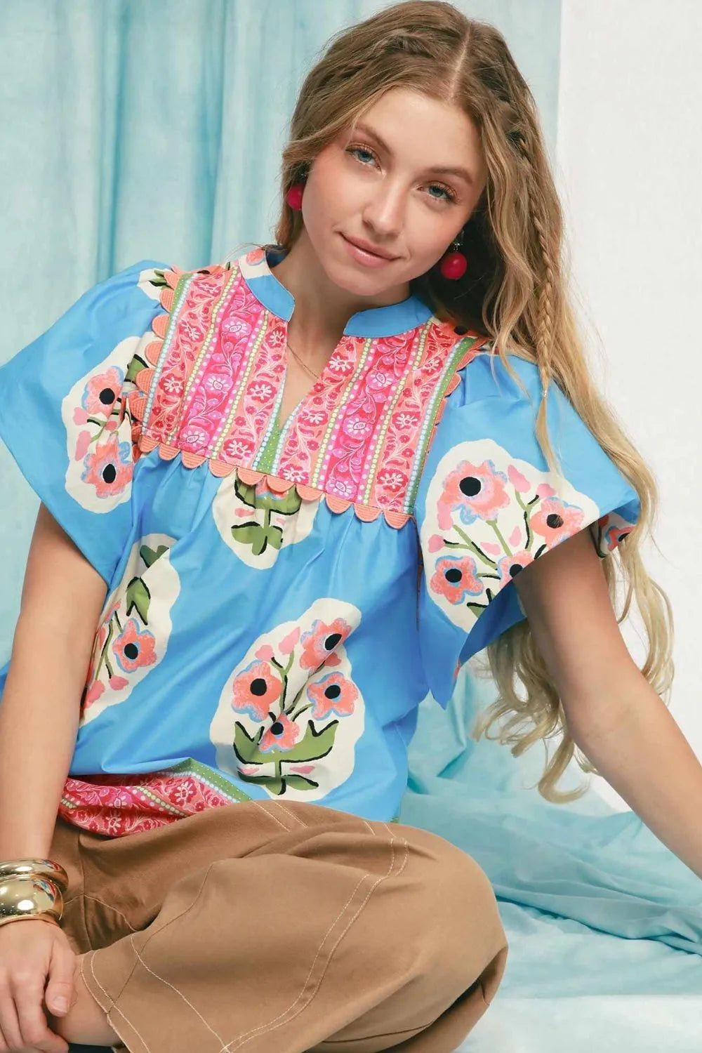 Umgee Boho Chic Puff Sleeve Floral Blouse with Notched Neckline - NeoKira Unlimited