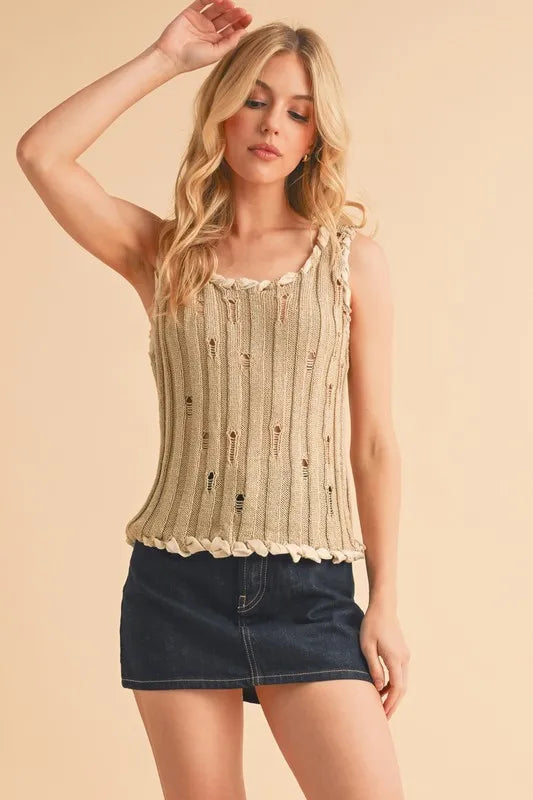 Aemi+Co Distressed Detail Round Neck Knit Tank - NeoKira Unlimited